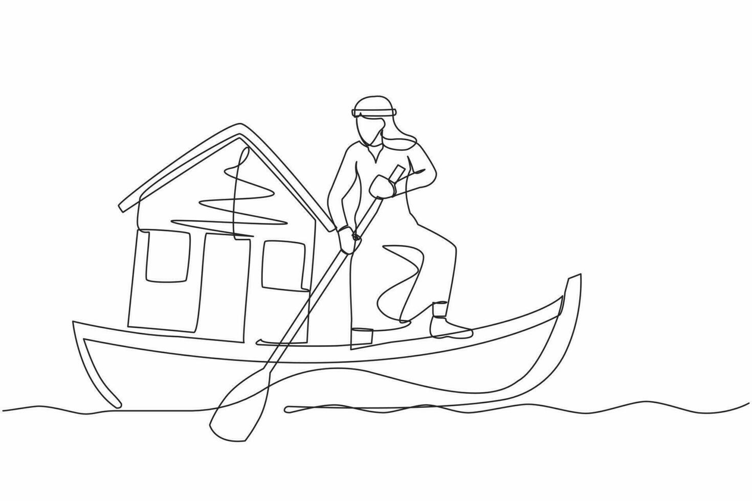 doorlopend een lijn tekening van Arabisch zakenman het zeilen weg Aan boot met huis. huis hypotheek probleem in economisch crisis. behuizing lening ramp. single lijn trek ontwerp vector grafisch illustratie