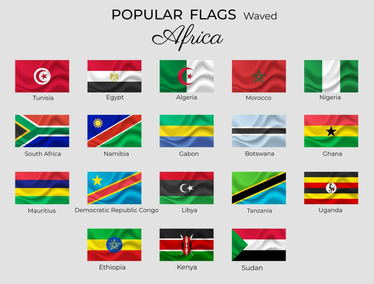zwaaide vlaggen van Afrikaanse landen. Afrika vlaggen set. 3d zwaaide ontwerp. Nigeria Oeganda Egypte Kenia vector geïsoleerd