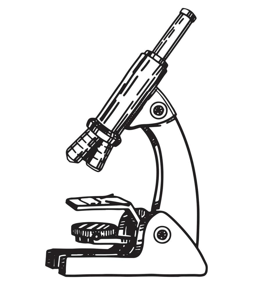 oud microscoop schetsen. chemie of biologie apparatuur, opleiding, laboratorium gereedschap schets klem kunst. hand- getrokken vector illustratie geïsoleerd Aan wit.