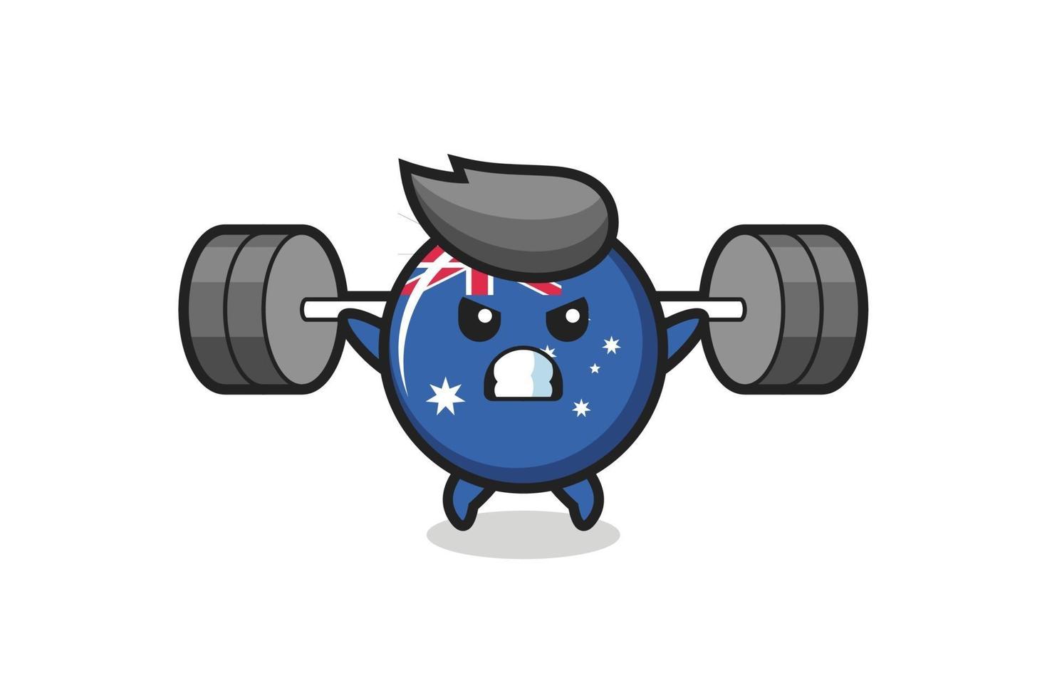 Australische vlag badge mascotte cartoon met een barbell vector