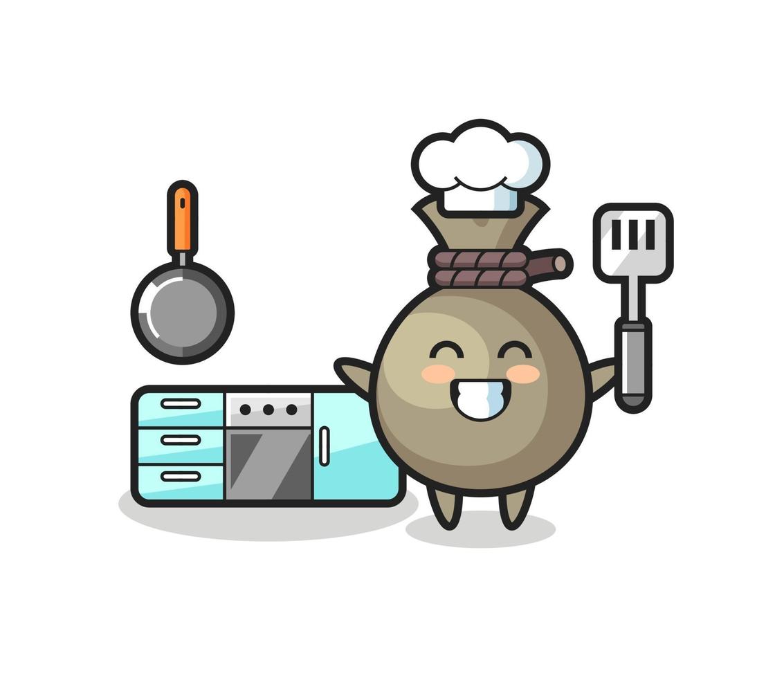 geldzak karakter illustratie als een chef-kok aan het koken is vector