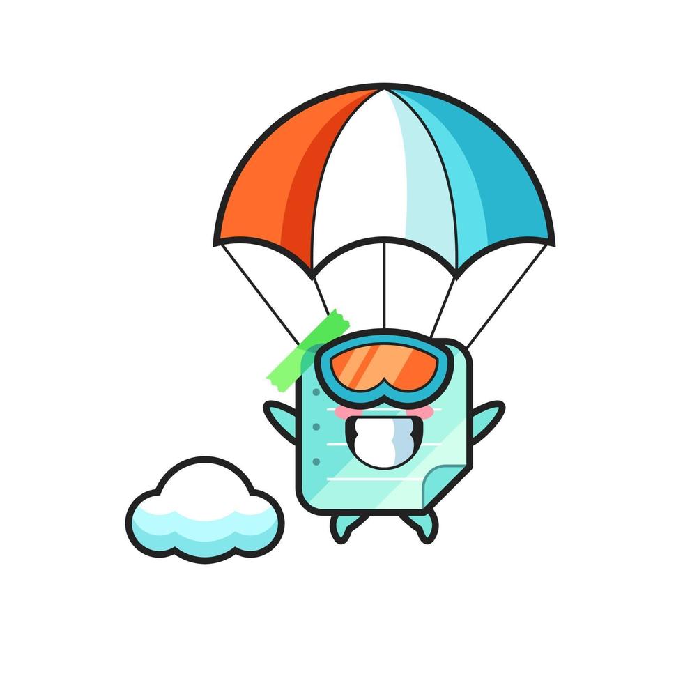 plaknotities mascotte cartoon is parachutespringen met een gelukkig gebaar vector