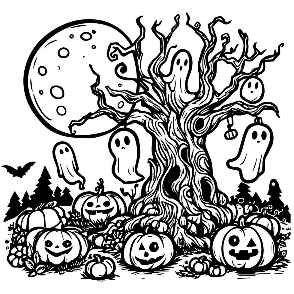 zwart silhouet gehanuteerd oud boom halloween viering met geest en pompoen vector