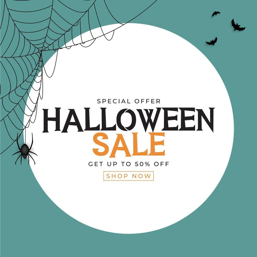blauwe halloween-verkoopposter met vleermuis en spin. vector illustratie