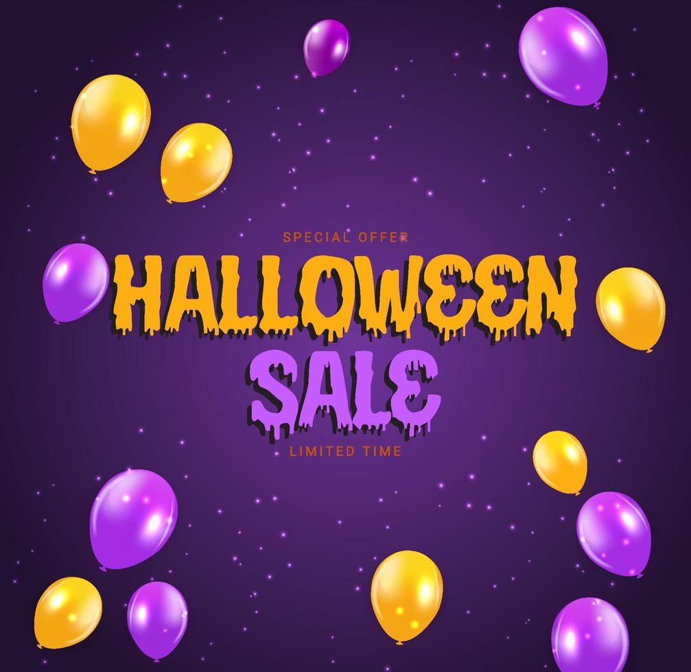 halloween verkoop poster met ballonnen op paarse achtergrond vector