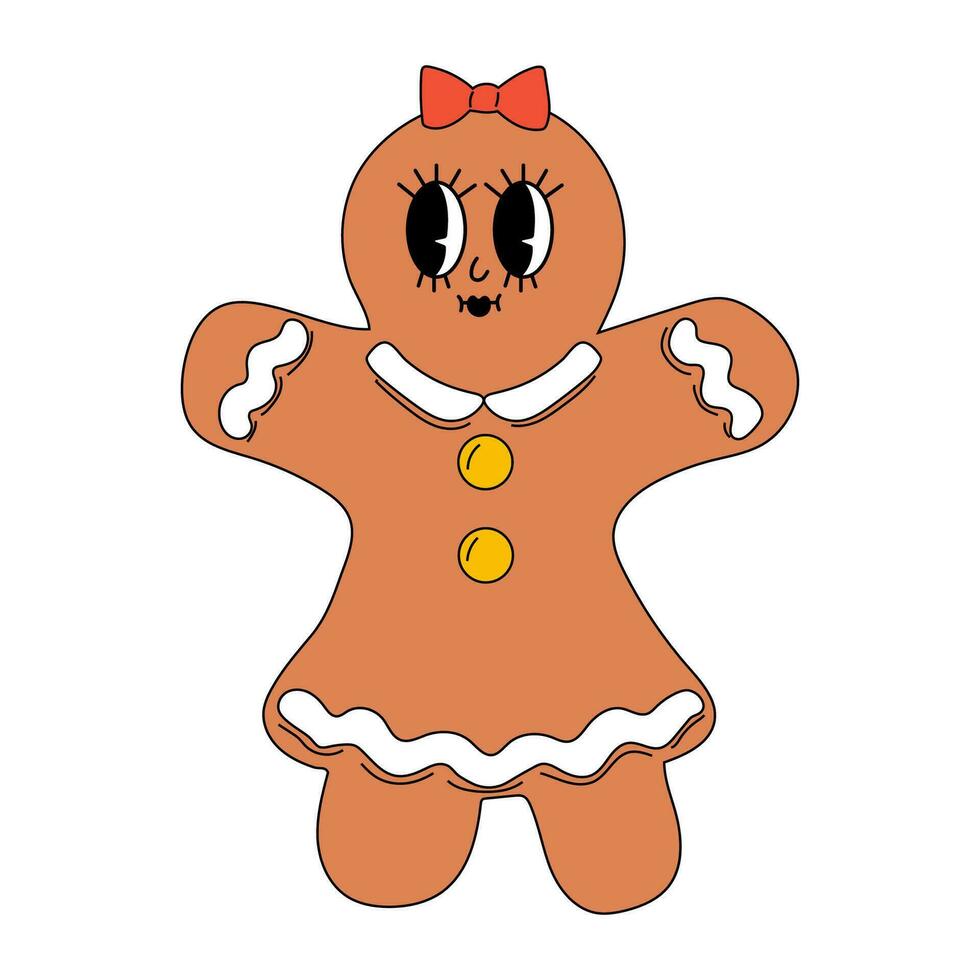 Kerstmis peperkoek koekje. gelukkig en vrolijk emoties. oud animatie Jaren 60 jaren 70, grappig tekenfilm karakters. modieus illustratie in retro stijl. vector