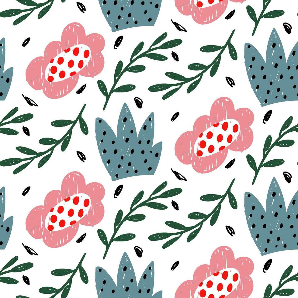 kleurrijk illustratie van een naadloos bloemen patroon. achtergrond met bloemen doodles in kinderen stijl, grappig met eenvoudig vormen van natuur. abstract vormen van bloemen, bladeren, struiken. uitkomen. roze vector