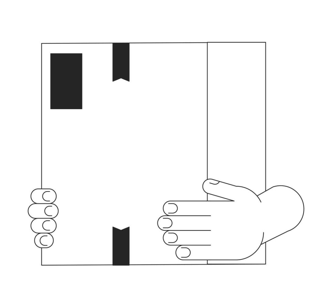 Kaukasisch handen Holding karton doos tekenfilm menselijk handen schets illustratie. draag- pakket levering 2d geïsoleerd zwart en wit vector afbeelding. in beweging huis vlak monochromatisch tekening klem kunst