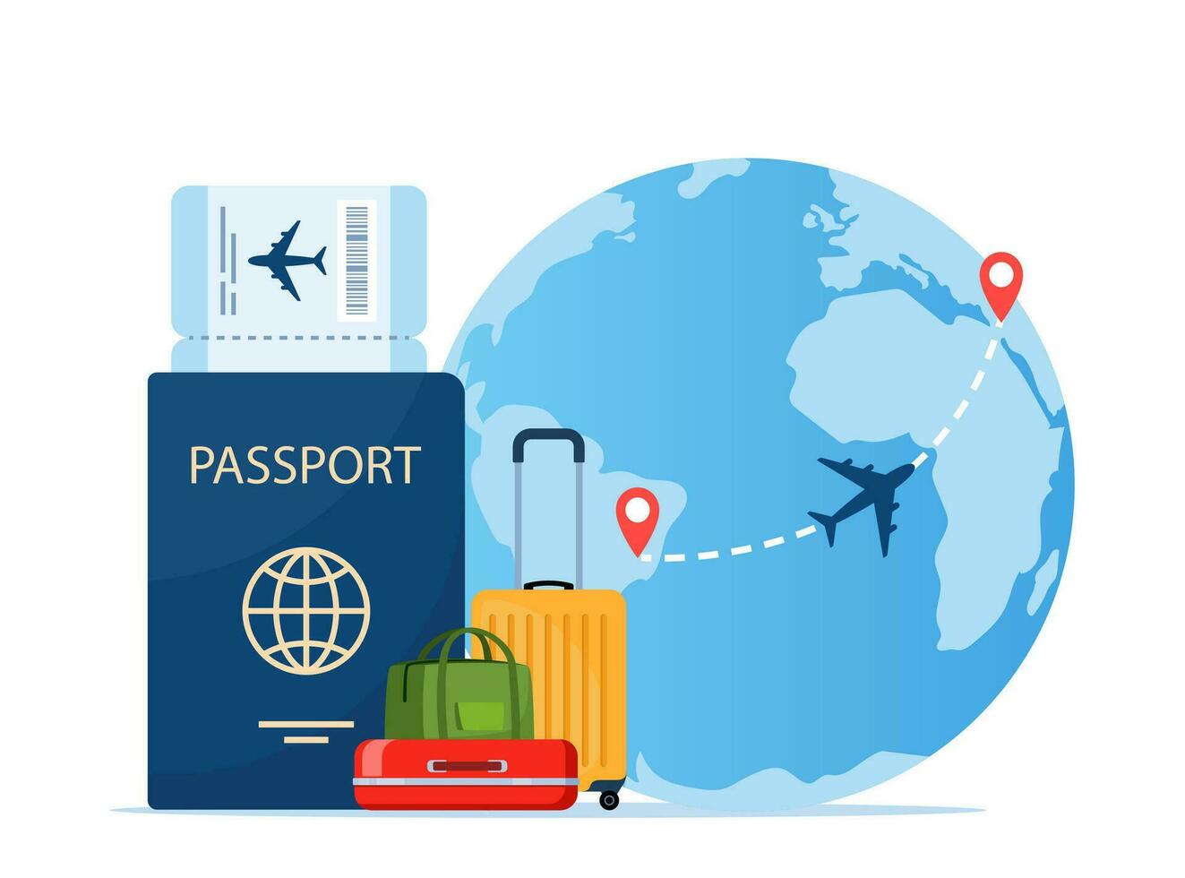 paspoort met lucht ticket, bagage en planeet aarde. tijd naar reizen concept. op reis door vlak. Internationale vlucht. vector illustratie voor poster, spandoek.
