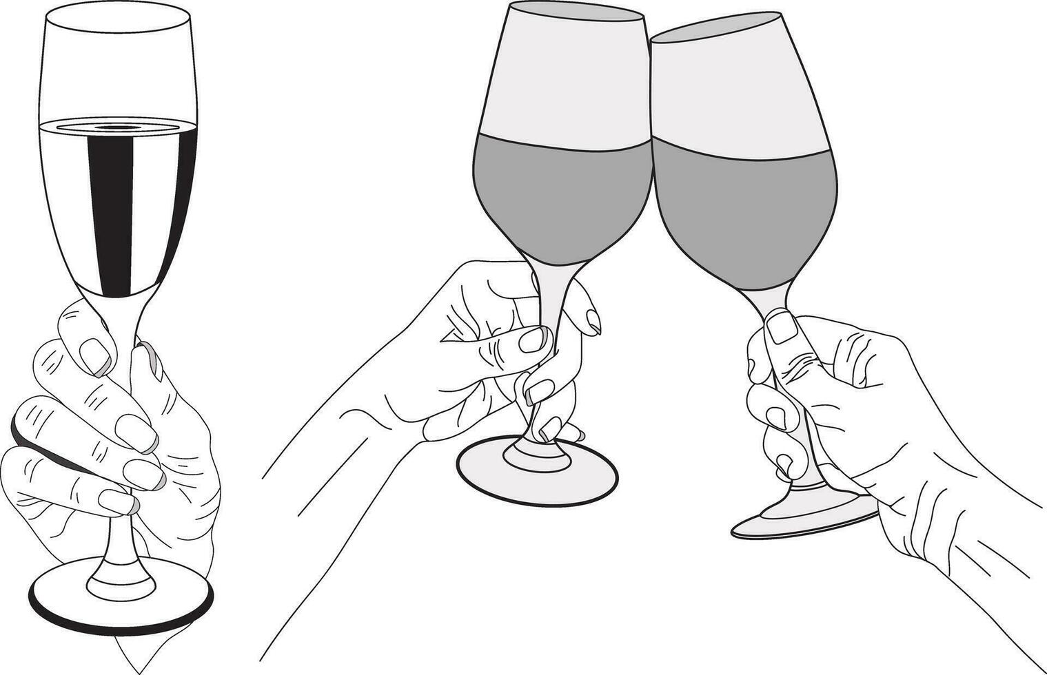 reeks van vrouw en mannetje handen Holding glas van Champagne, sprankelend wijn, cocktail vector, vrouw hand- Holding glas van wijn, twee handen Holding Champagne bril, hand- lijn kunst, hand- schetsen vector