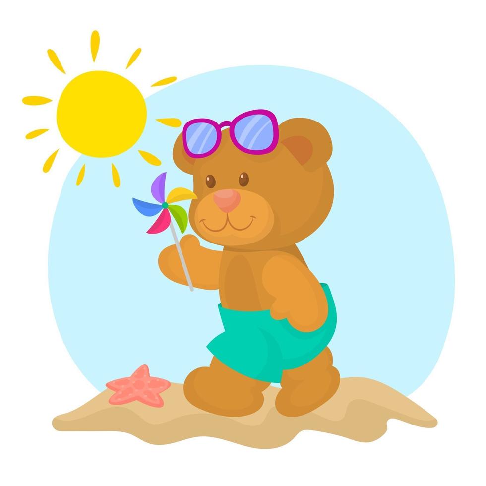 teddybeer geniet van zomervakanties aan het strand vector