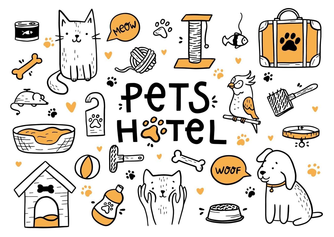 huisdieren hotel vector set in de doodle stijl