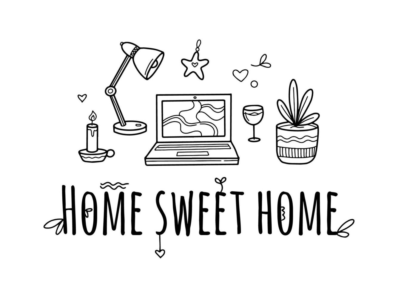 lieve huis en werkplek doodle stijl vector iconen