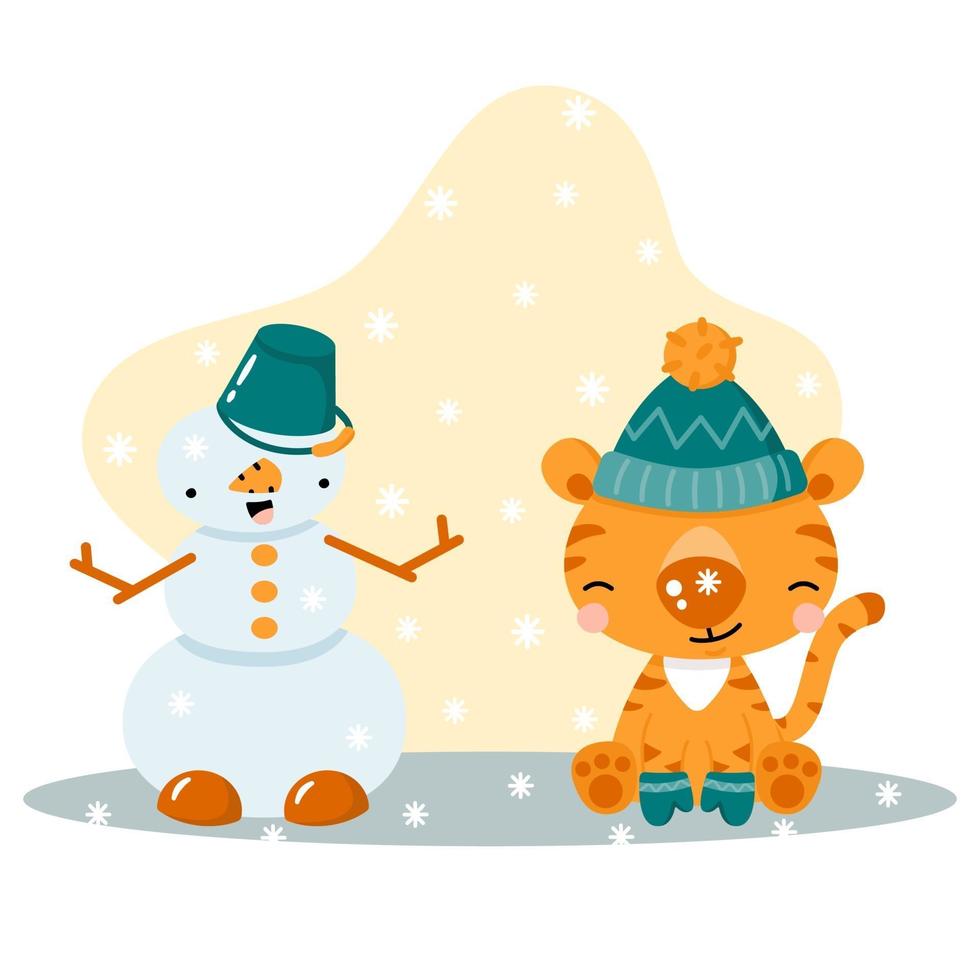schattige cartoon tijger en grappige sneeuwpop. vector
