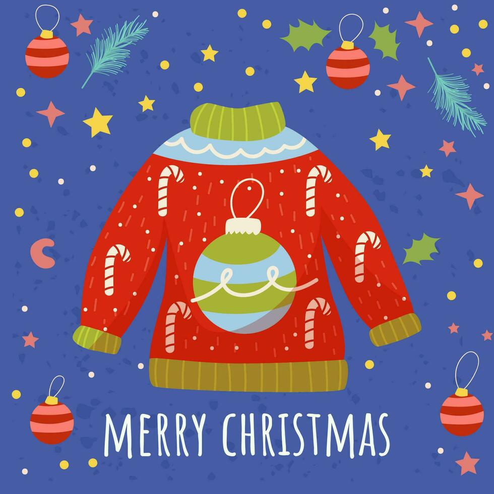 Kerstmis trui. schattig vlak stijl. ansichtkaart. vrolijk kerstmis. vector illustratie.