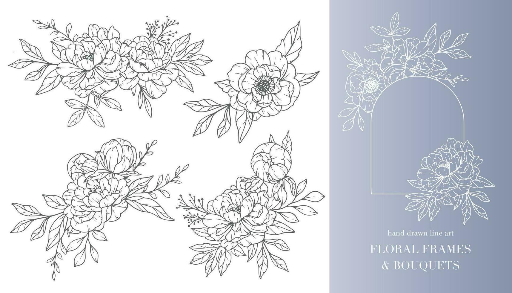 pioen bloem lijn kunst. bloemen kaders en boeketten lijn kunst. prima lijn pioen kaders hand- getrokken illustratie. hand- trek schets bladeren en bloemen. botanisch kleur bladzijde. schets pioen geïsoleerd vector