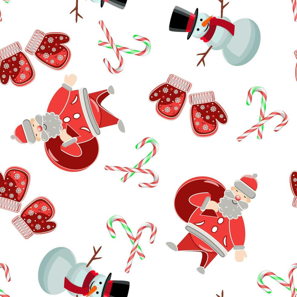 naadloos patroon met de kerstman claus, sneeuwman, wanten en snoep wandelstokken vector