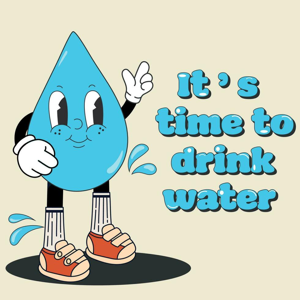 poster brochure, advertentie tijd naar drinken water met een karakter een laten vallen van water in tekenfilm stijl Aan een wit achtergrond. vector illustratie in retro grappig stijl. gezond leven