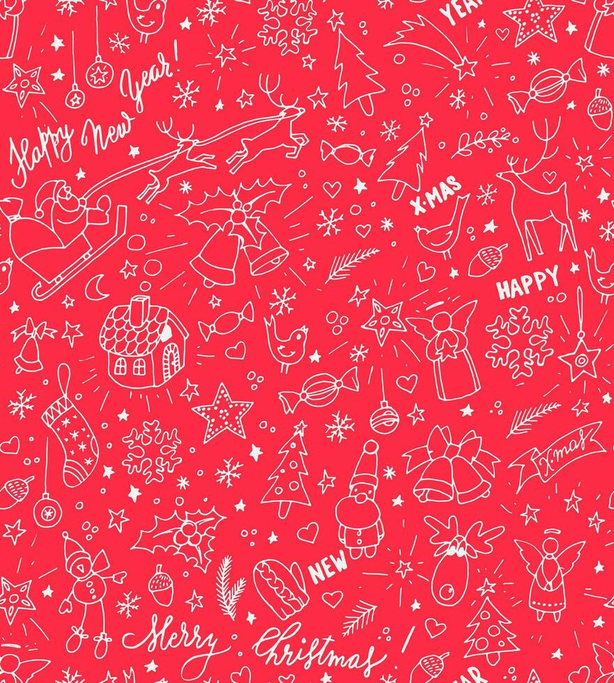 Kerstmis naadloos patroon met hand- getrokken doodles Aan rood achtergrond vector