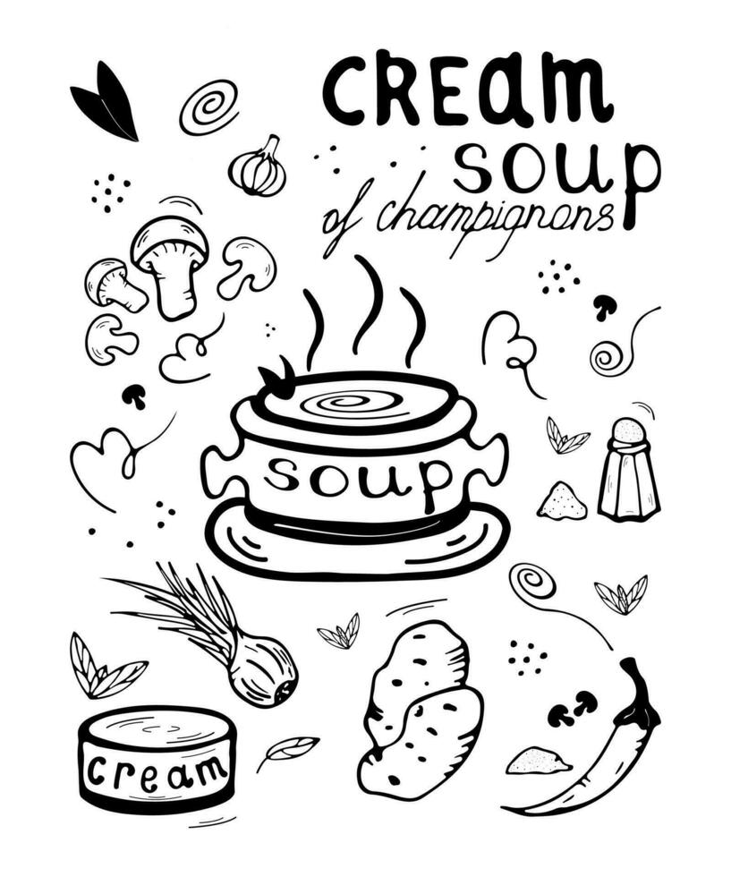 tekening champignon room soep recept met belettering. vector champignons, aardappelen, uien specerijen enz.