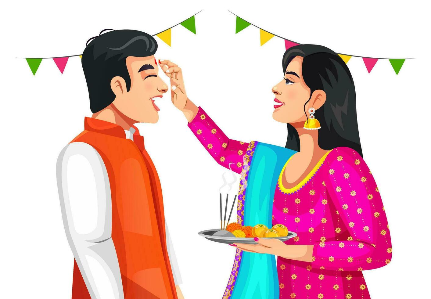 Indisch vrouw is geven zegeningen naar de broer door zetten tika Aan zijn voorhoofd. beide vervelend traditioneel etnisch kleren. vieren Indisch festival bhai dooj vector