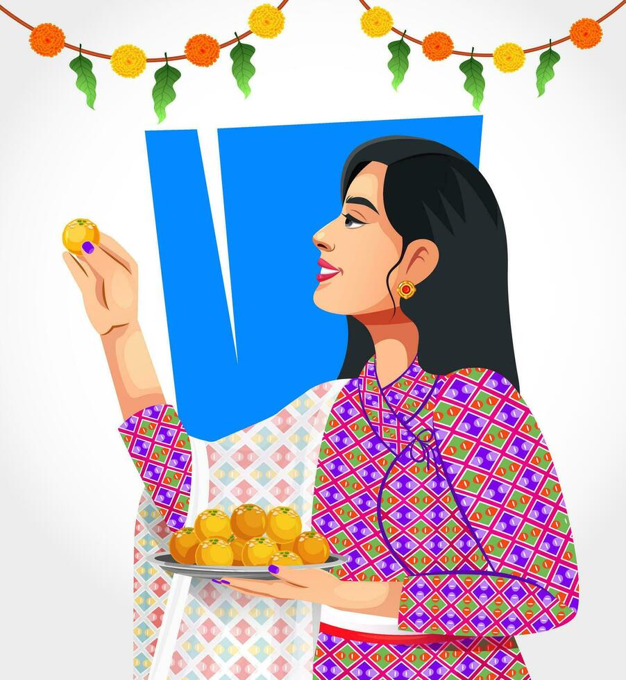 mooi nepalese vrouw vieren diwali of tihar met vol van geluk en Holding laddu thali in hand. Nepal festival concept vector