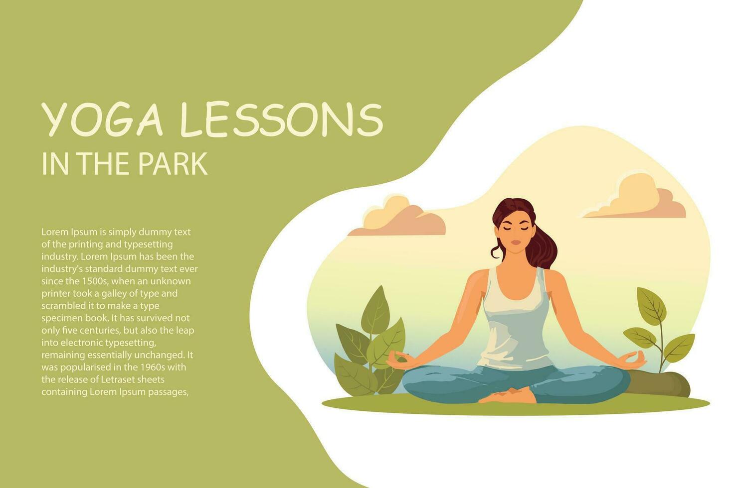 mediteren vrouw. vector illustratie van tekenfilm jong brunette vrouw zittend in yoga lotus positie omringd door fabriek bladeren. vector illustratie