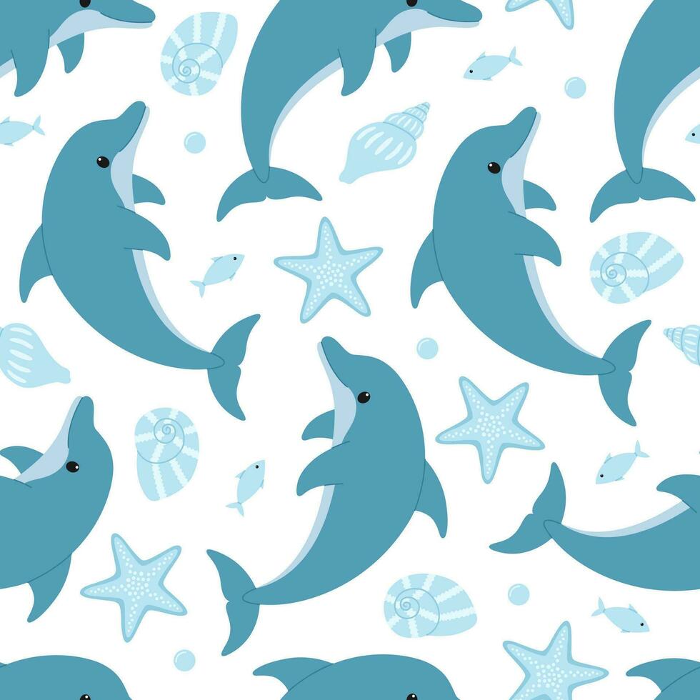 naadloos patroon met schattig blauw dolfijnen, zeester, schelpen, vis en bubbels. vector vlak illustratie geïsoleerd Aan wit achtergrond. marinier afdrukken met zee en oceaan dieren