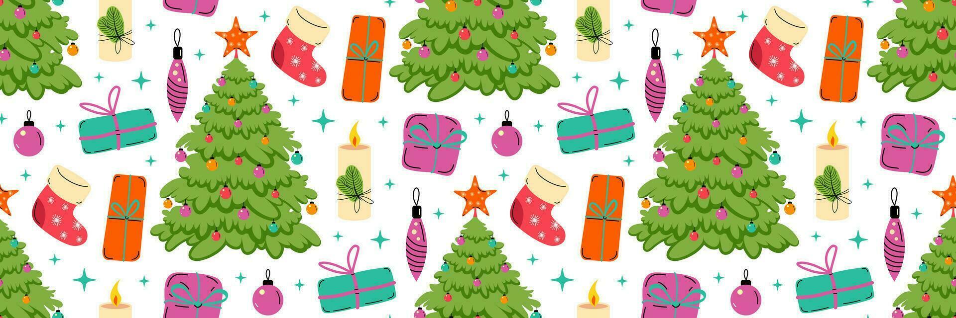 vrolijk Kerstmis naadloos patroon. winter Spar bomen en geschenken. vector illustratie. geschenk inpakken.