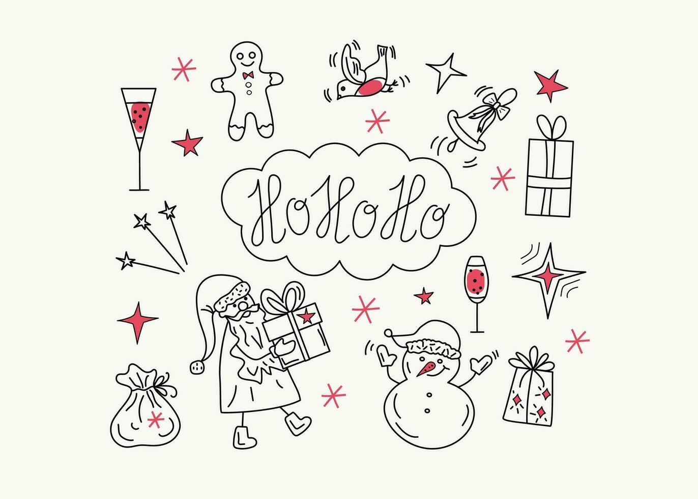 de kerstman Gefeliciteerd kerstmis. geschenken, sneeuwman, de kerstman hoed, alcoholisch drankjes, peperkoek Mens. belettering, hand- getrokken pictogrammen. vector illustratie, tekening.