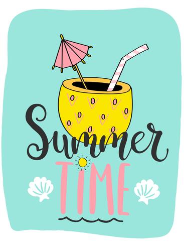 Leuke heldere zomer kaart met cocktail in ananas en handgetekende letters vector