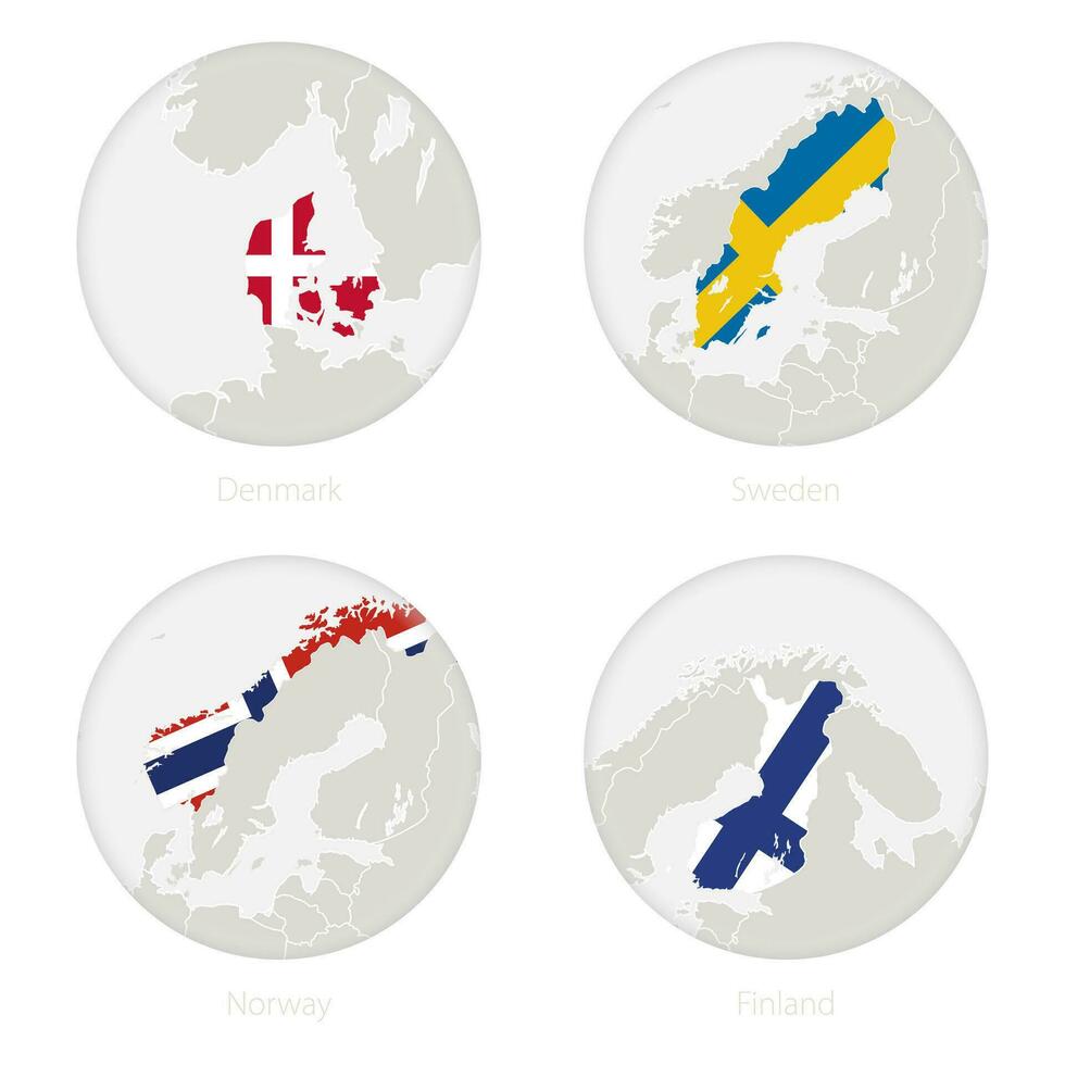 Denemarken, Zweden, Noorwegen, Finland kaart contour en nationaal vlag in een cirkel. vector