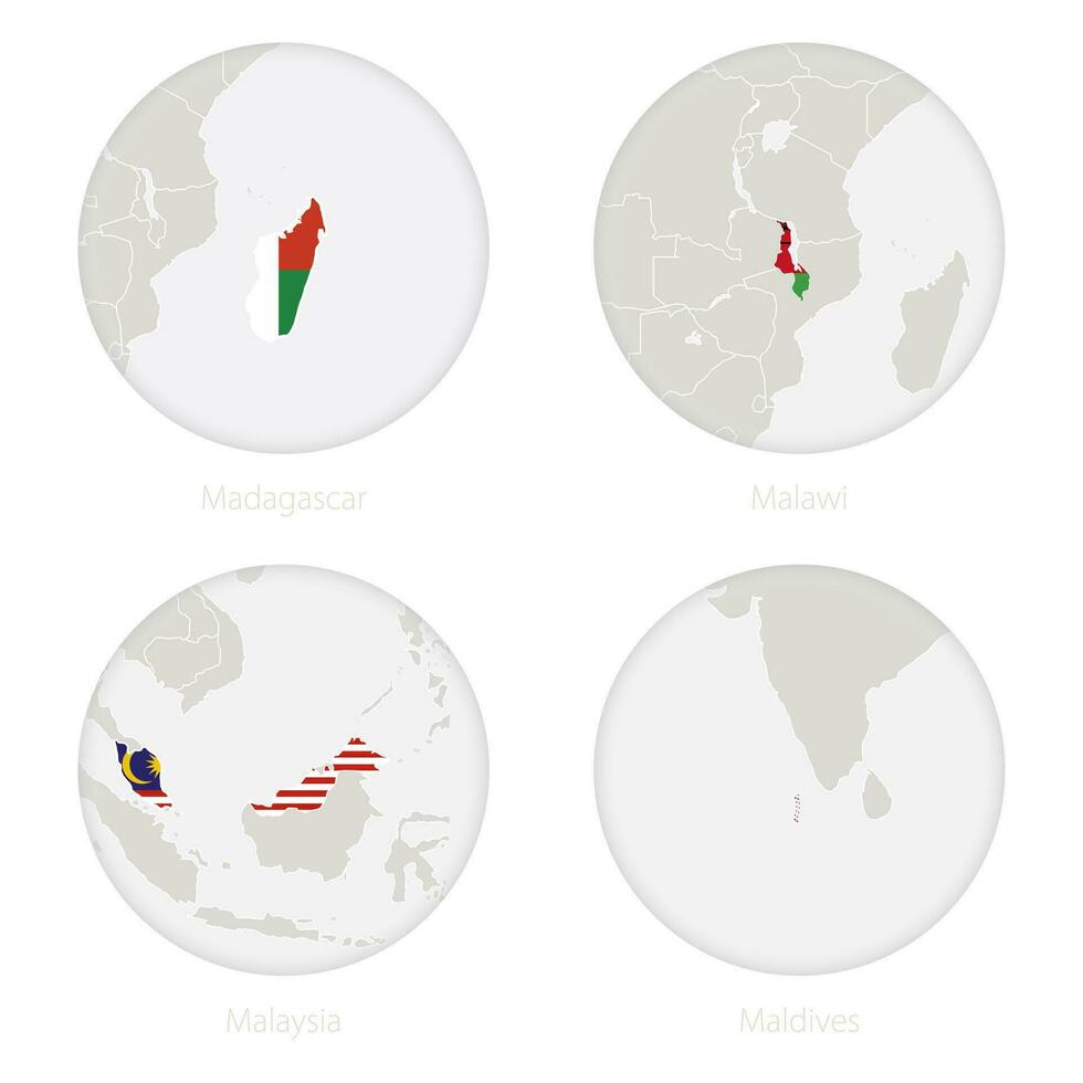 Madagascar, malawi, Maleisië, Maldiven kaart contour en nationaal vlag in een cirkel. vector