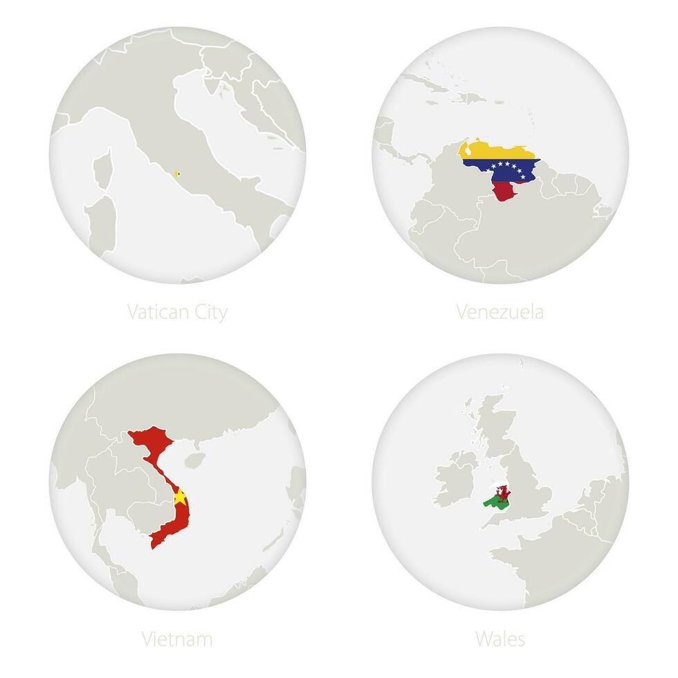 Vaticaan stad, Venezuela, Vietnam, Wales kaart contour en nationaal vlag in een cirkel. vector