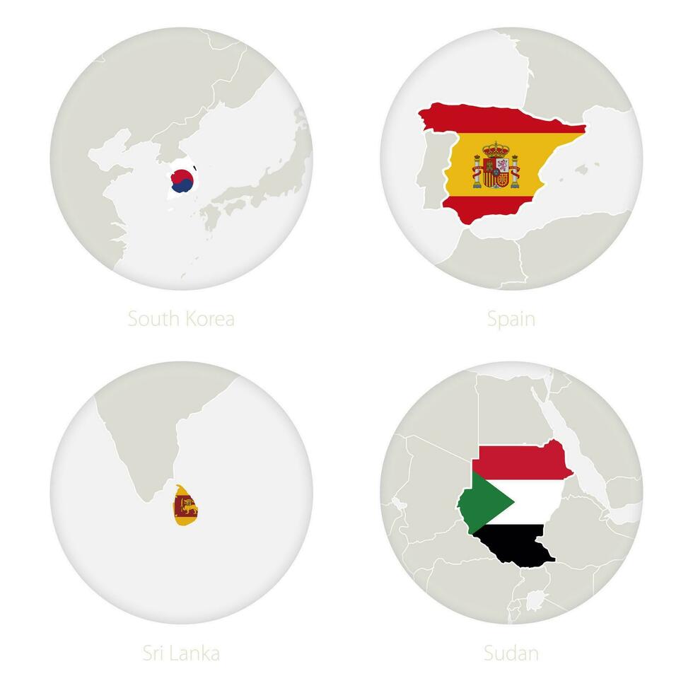 zuiden Korea, Spanje, sri lanka, Soedan kaart contour en nationaal vlag in een cirkel. vector