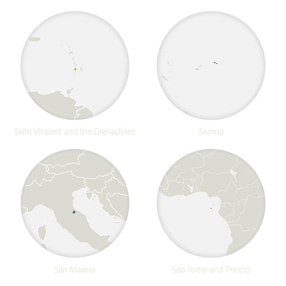 heilige vincent en de grenadines, samoa, san marino, sao naar mij en principe kaart contour en nationaal vlag in een cirkel. vector