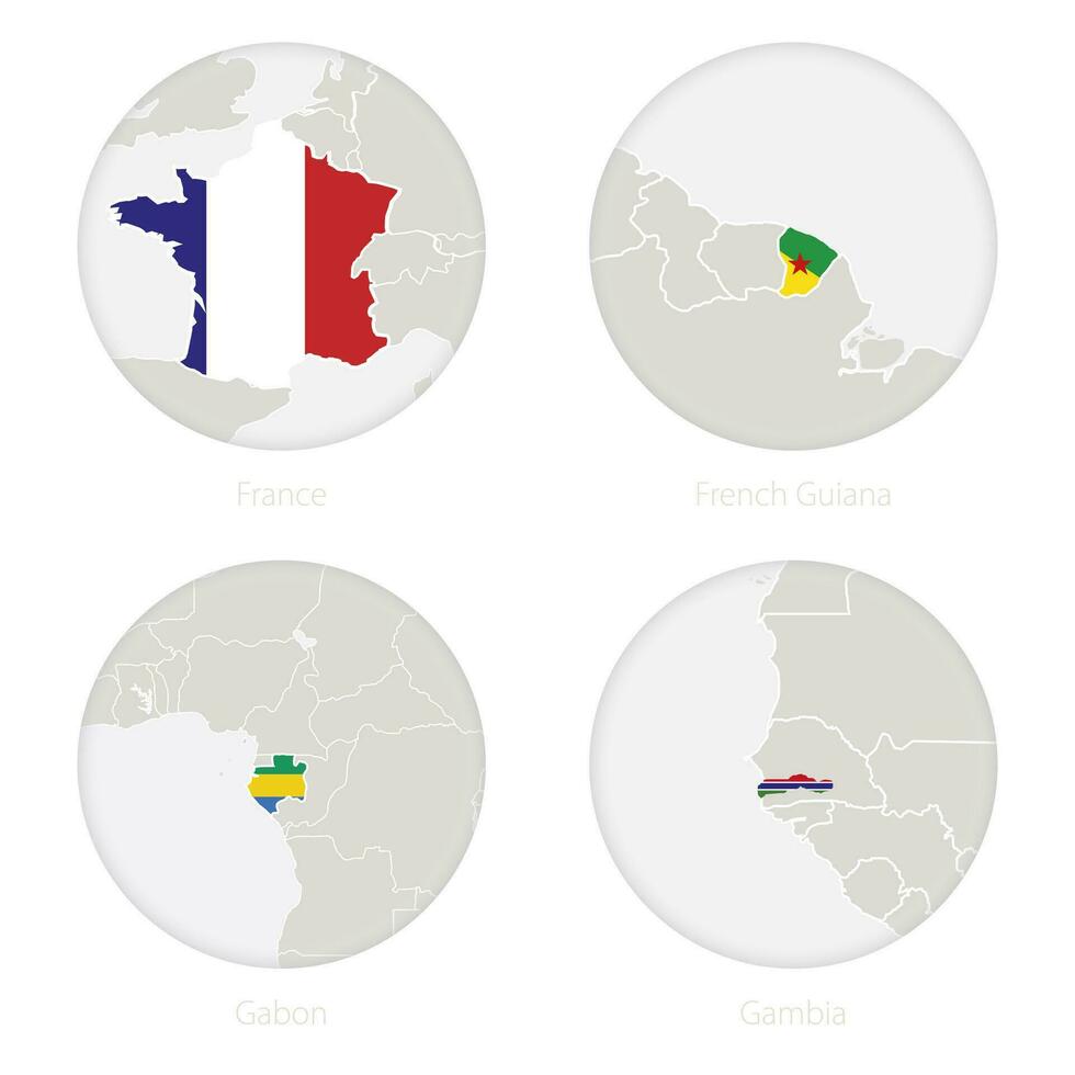 Frankrijk, Frans Guyana, Gabon, Gambia kaart contour en nationaal vlag in een cirkel. vector