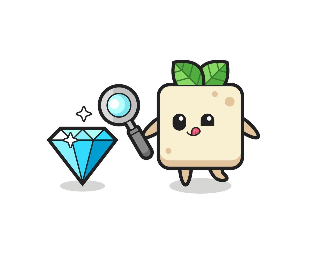 tofu-mascotte controleert de echtheid van een diamant vector