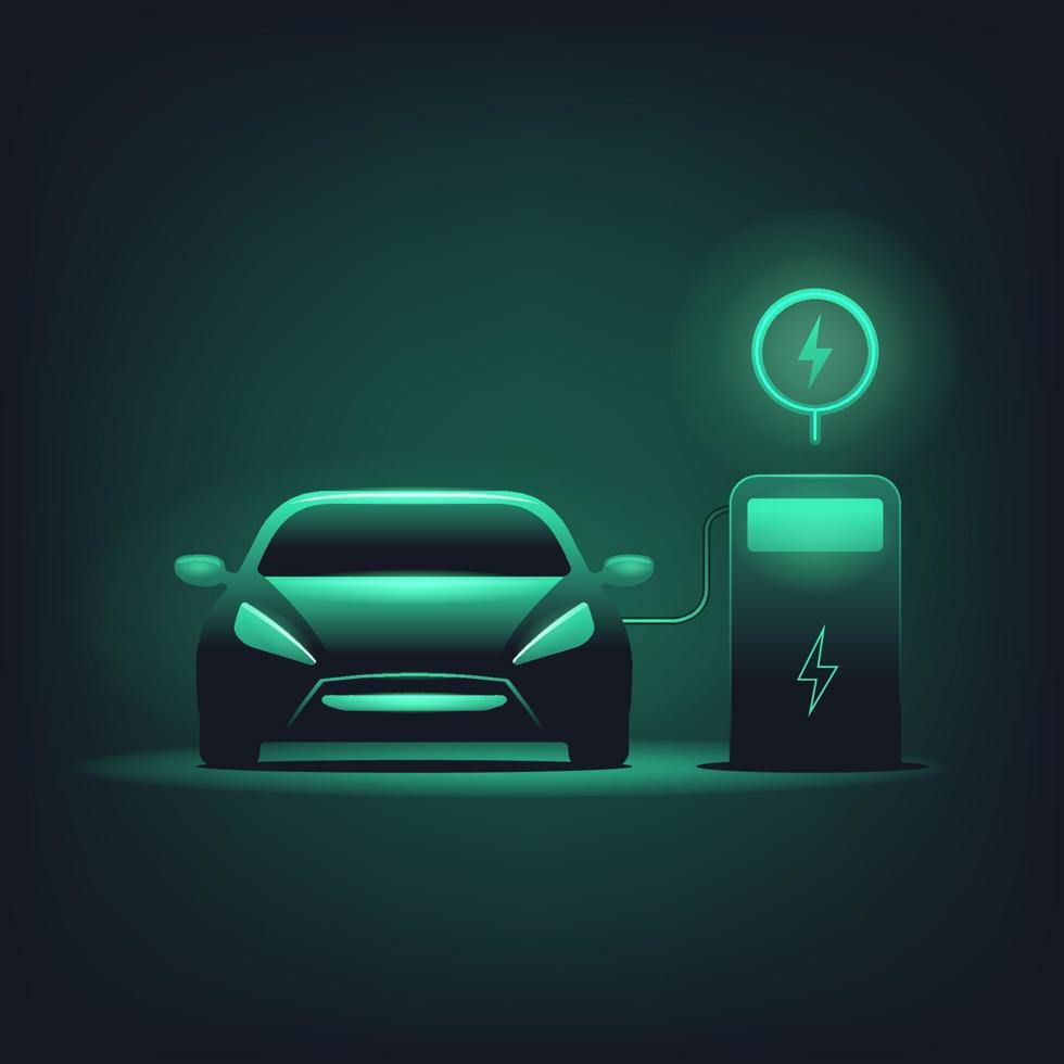 elektrische auto met groen gloeien op donkere achtergrond. ev laadstation. vector