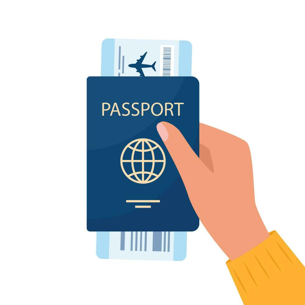 Mens hand- Holding paspoort en lucht ticket in het. lucht reizen concept. toerisme. vector illustratie.