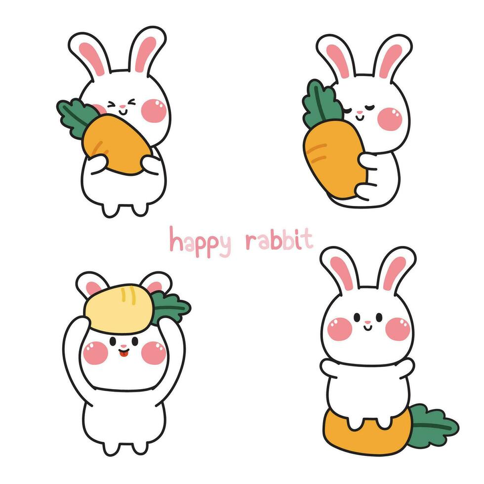 reeks van schattig konijn met wortel in divers poseert.gelukkig konijn tekenfilm hand- getrokken collectie.easter.spring.vegetables.image voor kaart, poster, sticker, baby product.kawaii.vector.illustratie. vector