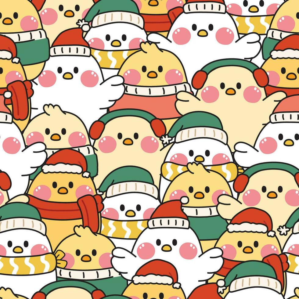 herhaal.naadloos patroon van schattig kip in winter kostuum achtergrond.boerderij dier karakter tekenfilm ontwerp.santa hoed.vrolijk Kerstmis concept.kawaii.vector.illustratie. vector