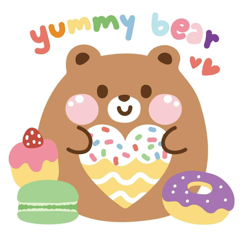 schattig mollig teddy beer pop knuffel groot hart donut met bakkerij Aan wit achtergrond.wild vector