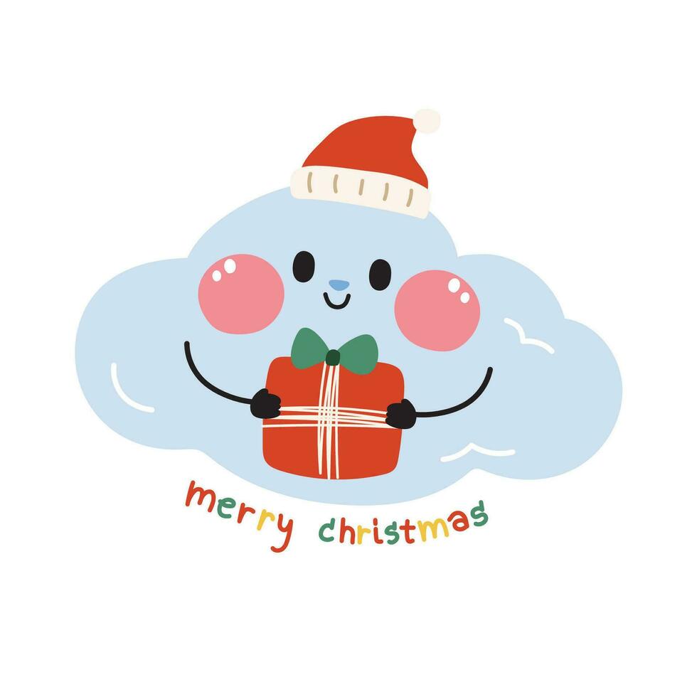 schattig wolk slijtage de kerstman hoed houden geschenk met vrolijk Kerstmis tekst Aan wit background.cartoon karakter ontwerp.hand getekende.doodle.kawaii.vector.illustratie. vector