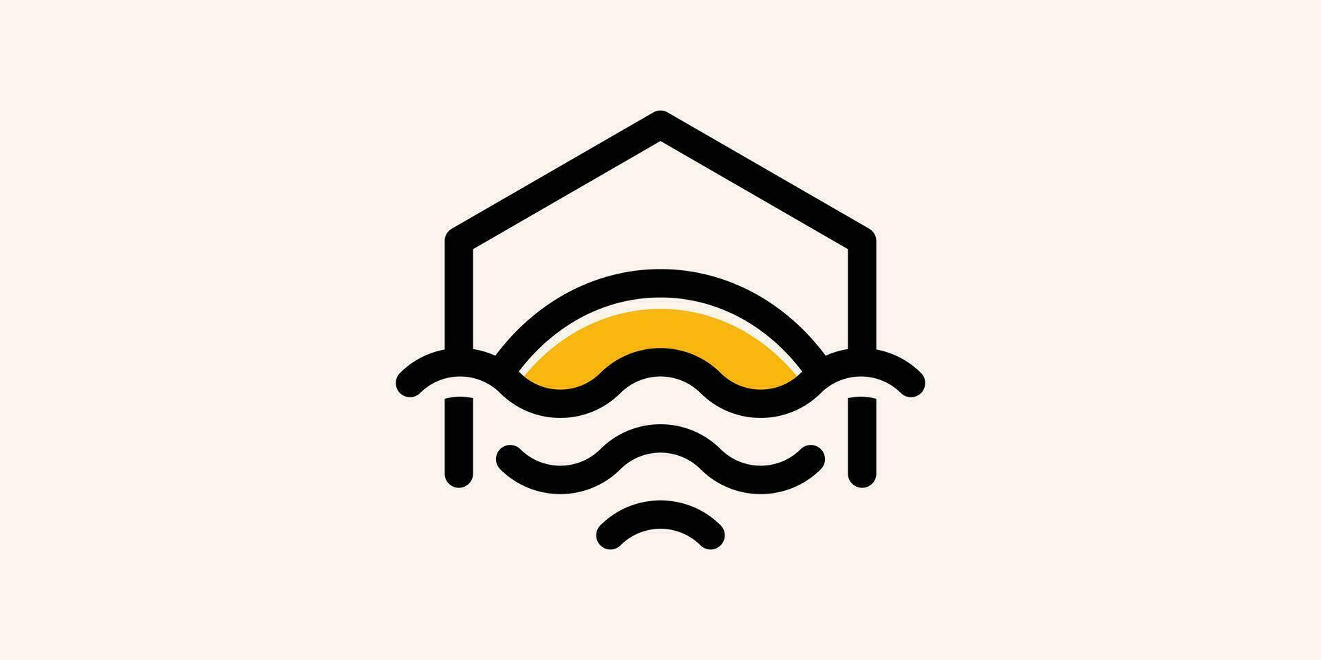 logo ontwerp combineren de vorm van een huis met een visie van de zonsondergang over- de golven. vector