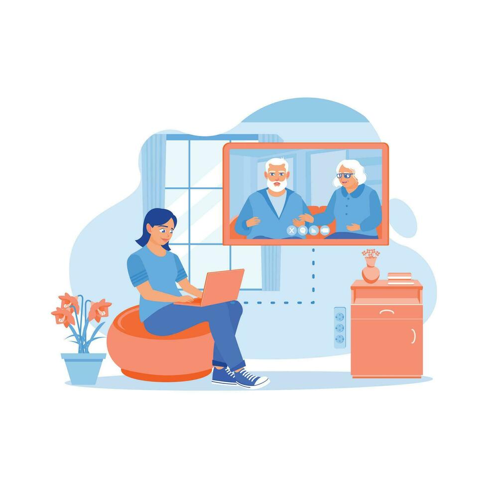 jong vrouw zittend Aan de sofa binnen de huis. maken online oproepen met zijn moeder en vader gebruik makend van een laptop. virtueel relaties concept. neiging modern vector vlak illustratie