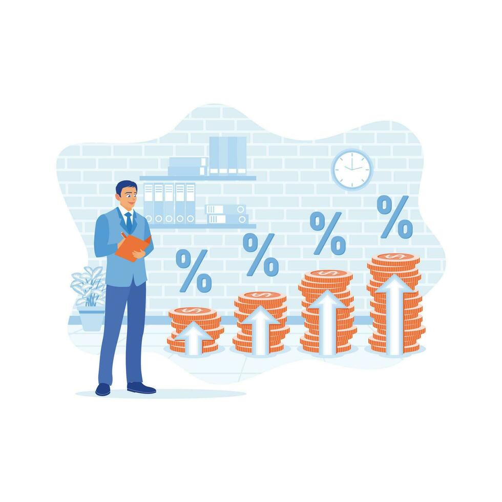 ondernemers Vermelding is gestegen interesseren tarieven Aan de boeken. geeft terug Aan aandelen en wederzijds fondsen voor langetermijn investering. groei analyse concept. neiging modern vector vlak illustratie