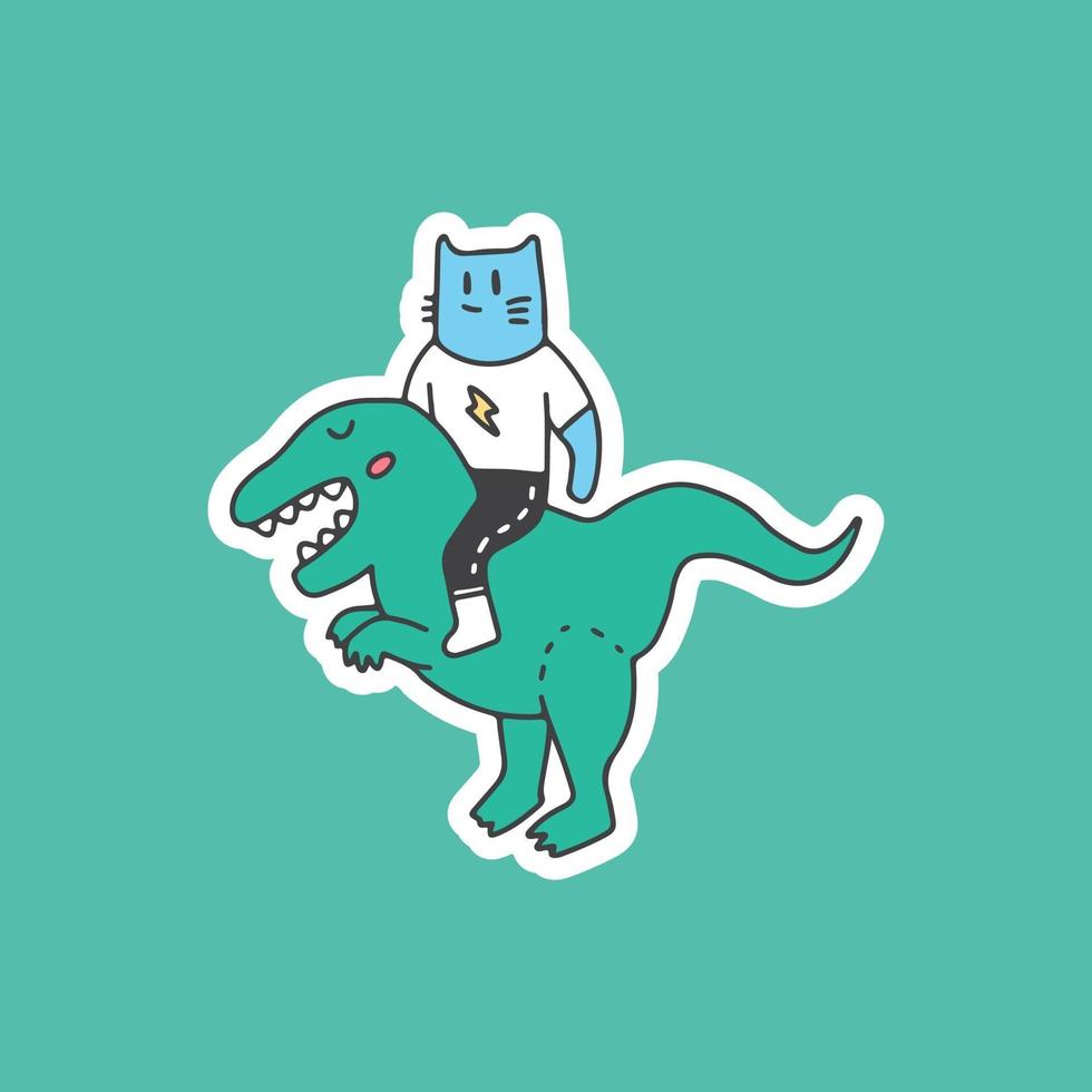 trendy kat rijdt op een dinosaurus. vectorafbeeldingen voor t-shirtafdrukken vector