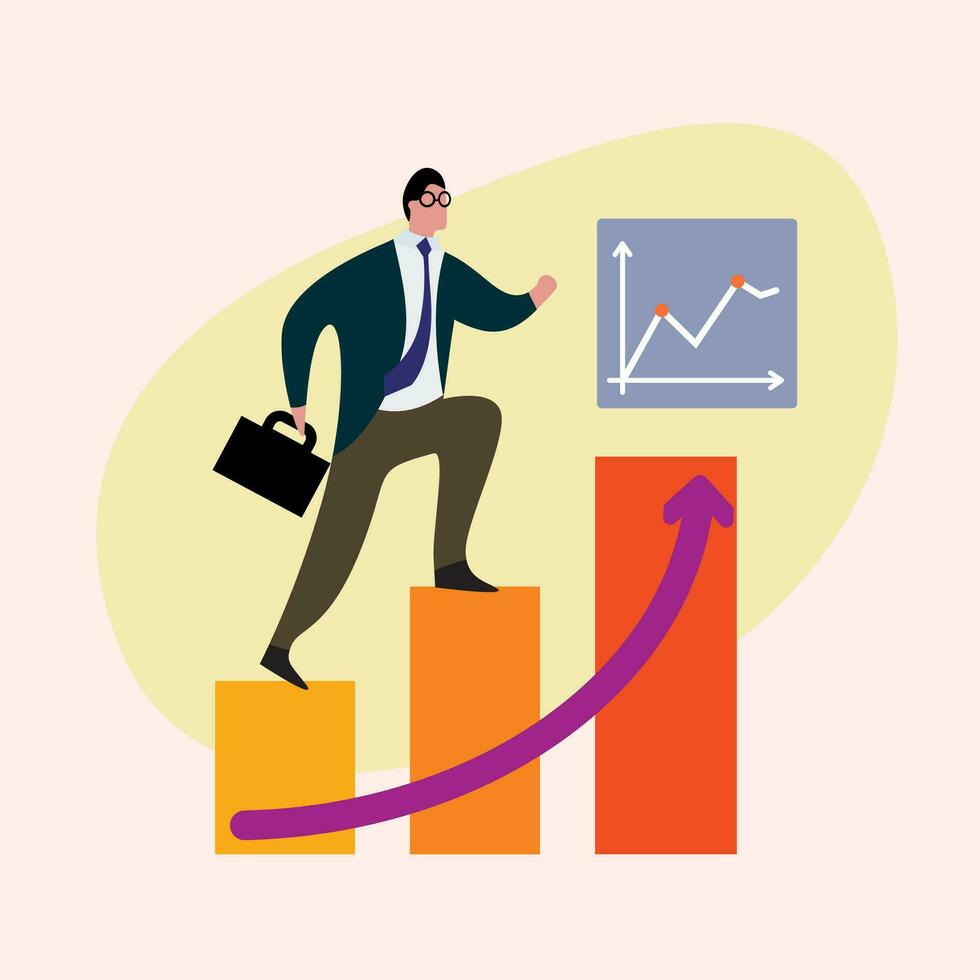 bedrijf mensen stap omhoog Aan diagram en tabel dragen briefing zak werken vector