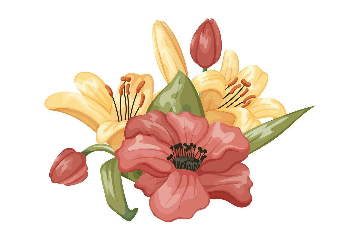 mooi bloeiend bloemknoppen van lelie en rood anemoon. vector geïsoleerd tekenfilm decoratief bloem arrangement met groen bladeren.